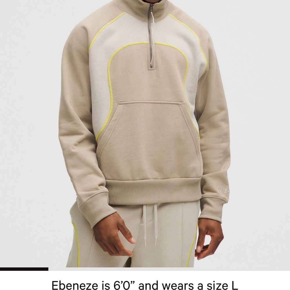 lululemon athletica Beige and Cream Half-Zip Sweatshirt with Yellow Stitching